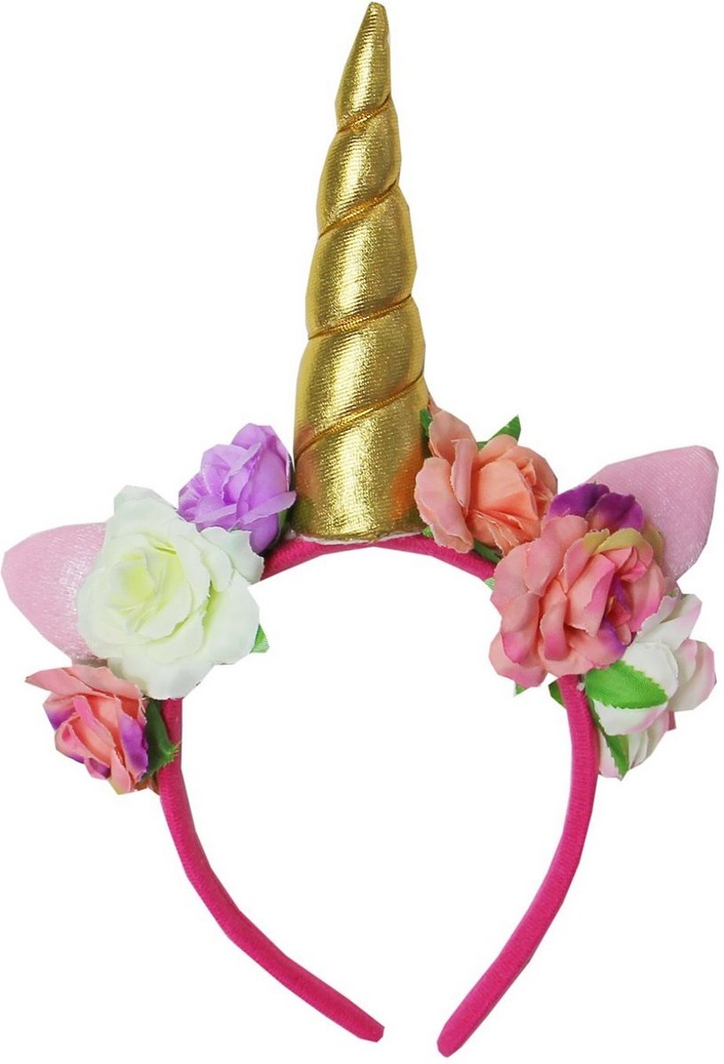 Unicorn diadeem roze/goud bloemen | Eenhoorn diadeem roze